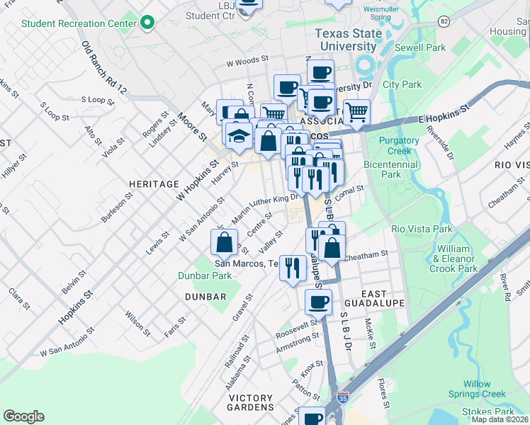 map of restaurants, bars, coffee shops, grocery stores, and more near 516 Centre Street in San Marcos