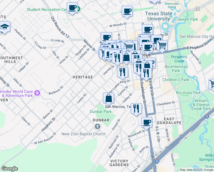 map of restaurants, bars, coffee shops, grocery stores, and more near 614 Martin Luther King Drive in San Marcos