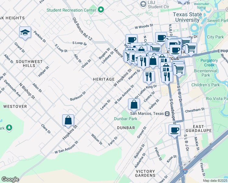 map of restaurants, bars, coffee shops, grocery stores, and more near 110-A/B North Endicott Street in San Marcos