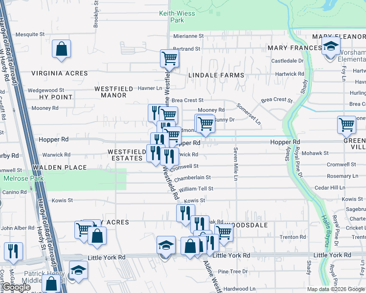 map of restaurants, bars, coffee shops, grocery stores, and more near 2140 Warwick Road in Houston
