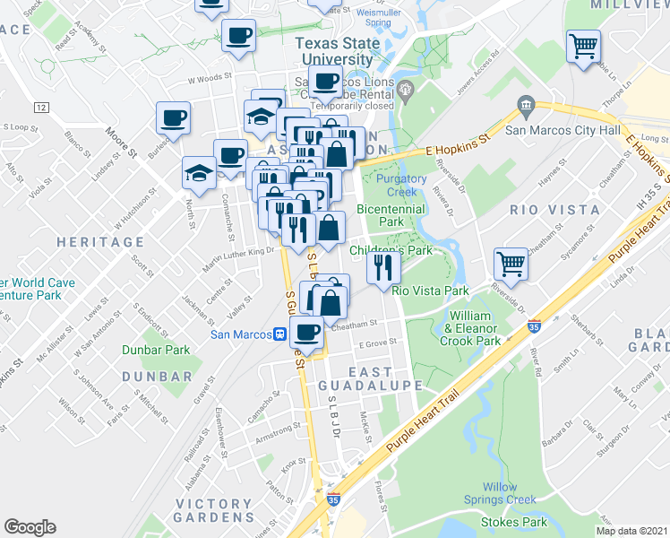 map of restaurants, bars, coffee shops, grocery stores, and more near 312 Martin Luther King Drive in San Marcos