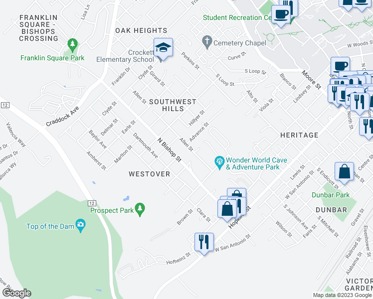map of restaurants, bars, coffee shops, grocery stores, and more near 713 Allen Street in San Marcos