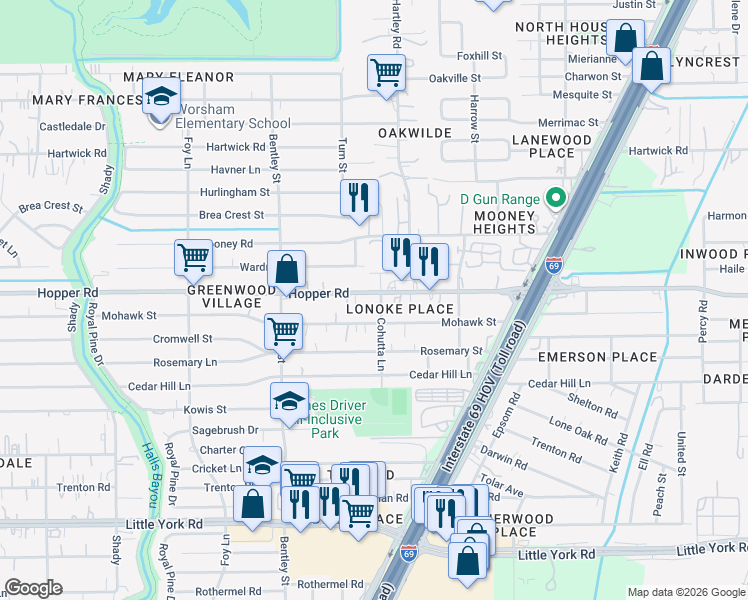 map of restaurants, bars, coffee shops, grocery stores, and more near 11298 Cohutta Lane in Houston