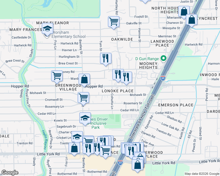map of restaurants, bars, coffee shops, grocery stores, and more near 11298 Cohutta Lane in Houston