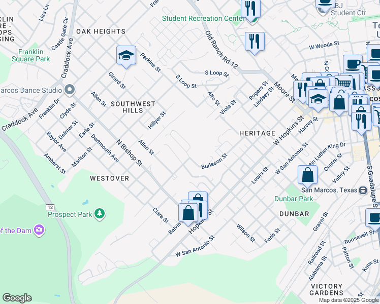 map of restaurants, bars, coffee shops, grocery stores, and more near 606 Bracewood Circle in San Marcos