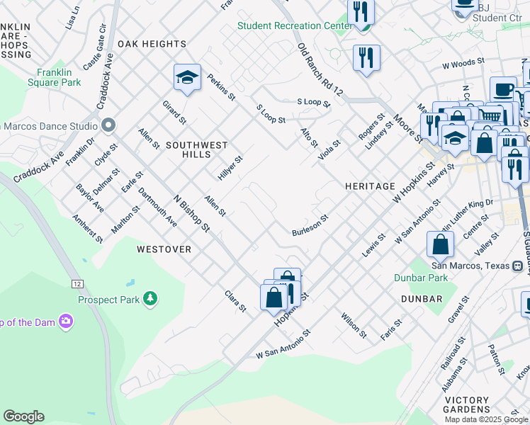 map of restaurants, bars, coffee shops, grocery stores, and more near 606 Bracewood Circle in San Marcos