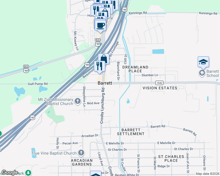 map of restaurants, bars, coffee shops, grocery stores, and more near in Barrett