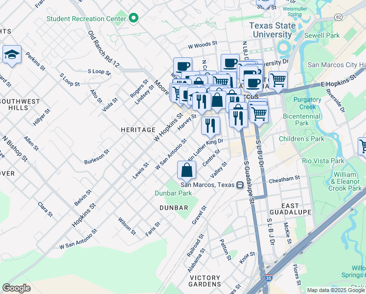 map of restaurants, bars, coffee shops, grocery stores, and more near 613 West San Antonio Street in San Marcos