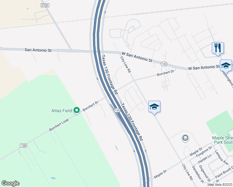 map of restaurants, bars, coffee shops, grocery stores, and more near Texas 130 Frontage Road in Lockhart