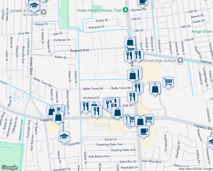 map of restaurants, bars, coffee shops, grocery stores, and more near 1609 Belle Court in Marrero