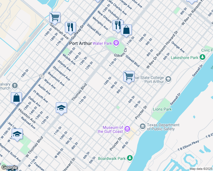 map of restaurants, bars, coffee shops, grocery stores, and more near 1101 10th Street in Port Arthur