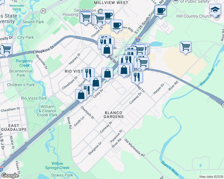 map of restaurants, bars, coffee shops, grocery stores, and more near 518 Linda Drive in San Marcos