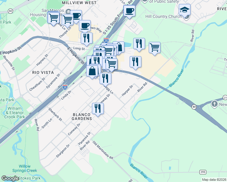 map of restaurants, bars, coffee shops, grocery stores, and more near 937 Bugg Lane in San Marcos