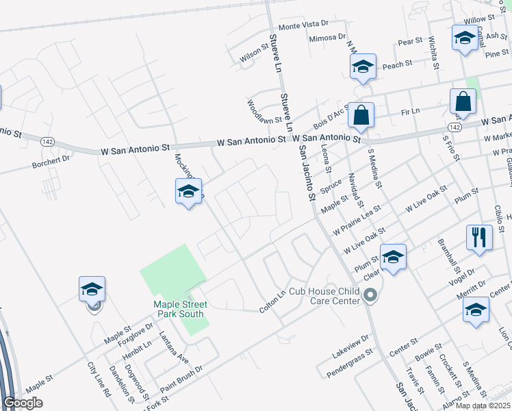 map of restaurants, bars, coffee shops, grocery stores, and more near 300 South Mockingbird Lane in Lockhart