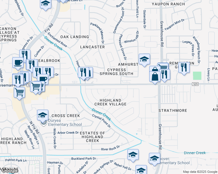 map of restaurants, bars, coffee shops, grocery stores, and more near 19608 FM 529 in Cypress