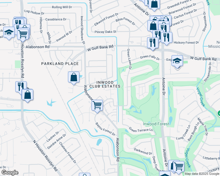 map of restaurants, bars, coffee shops, grocery stores, and more near 7830 Bayou Forest Drive in Houston