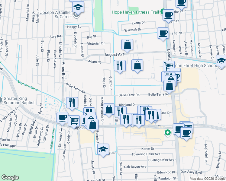 map of restaurants, bars, coffee shops, grocery stores, and more near 5249 Taravella Road in Marrero