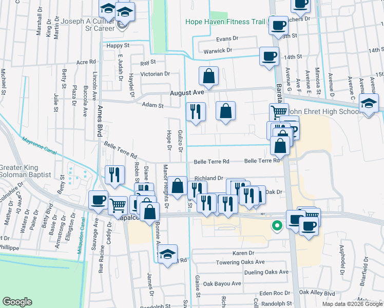 map of restaurants, bars, coffee shops, grocery stores, and more near 5249 Taravella Road in Marrero