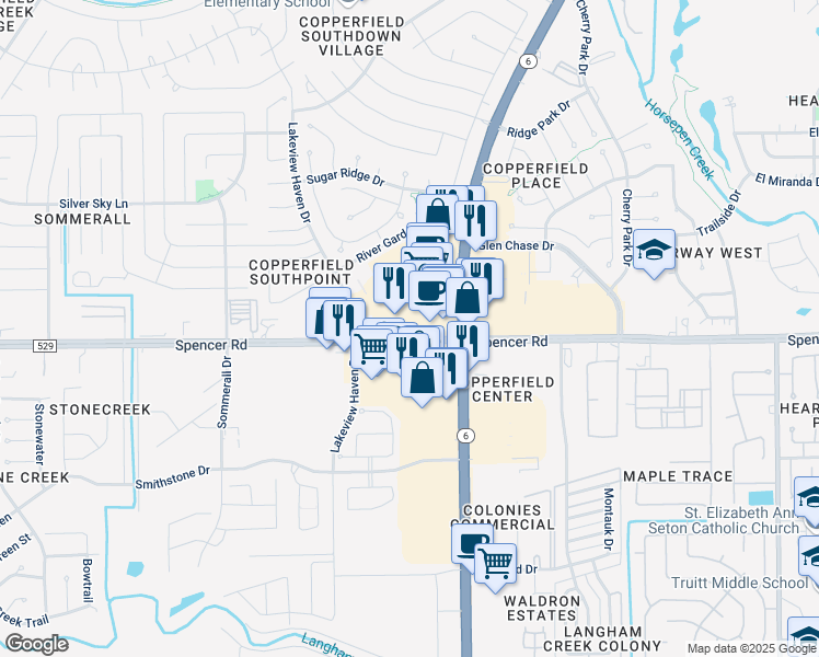 map of restaurants, bars, coffee shops, grocery stores, and more near 15750 Fm 529 Road in Houston