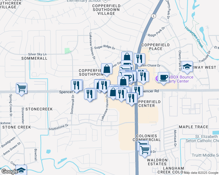 map of restaurants, bars, coffee shops, grocery stores, and more near 15840 Farm to Market Road 529 in Houston