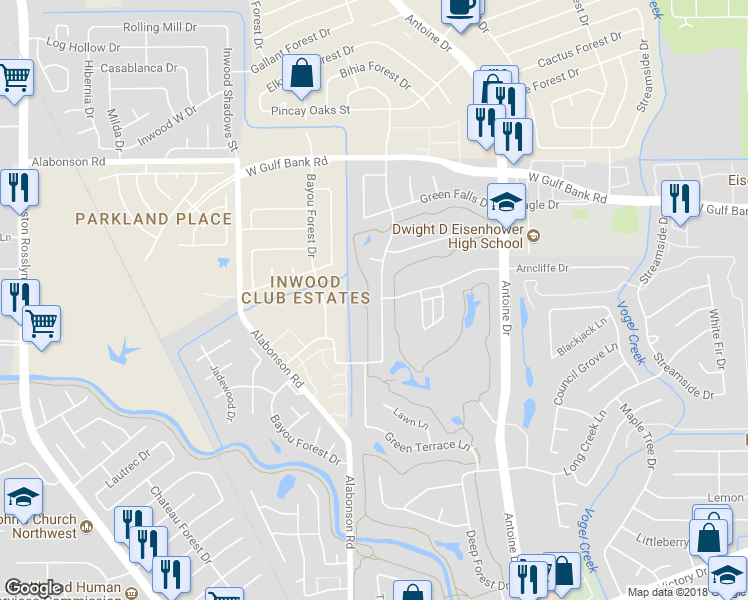 map of restaurants, bars, coffee shops, grocery stores, and more near 7879 Green Lawn Drive in Houston