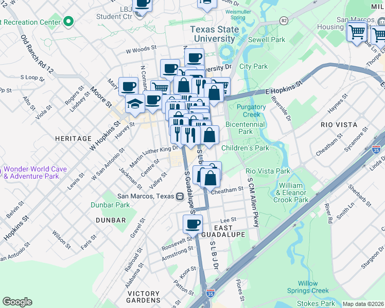map of restaurants, bars, coffee shops, grocery stores, and more near 201 Texas 82 Loop in San Marcos