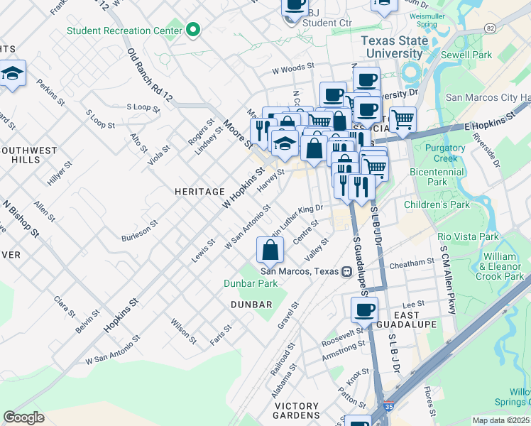 map of restaurants, bars, coffee shops, grocery stores, and more near 521 West San Antonio Street in San Marcos