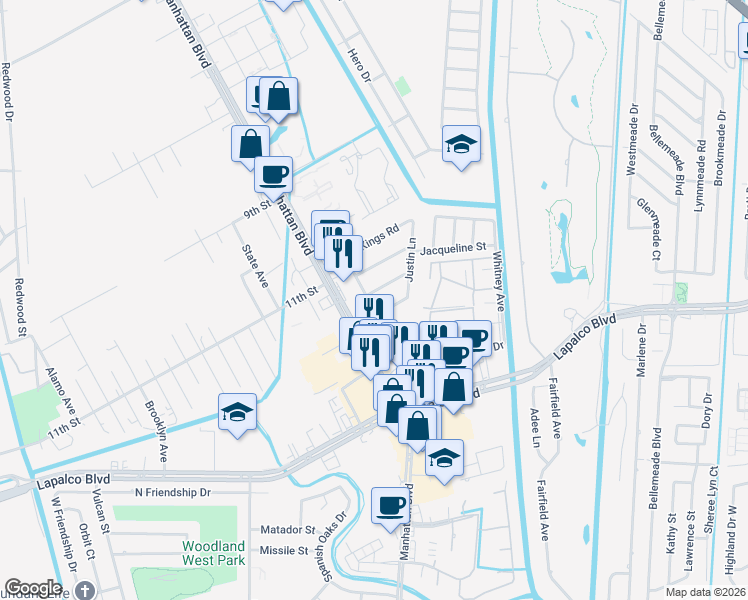 map of restaurants, bars, coffee shops, grocery stores, and more near 1580 Abbey Road in Harvey