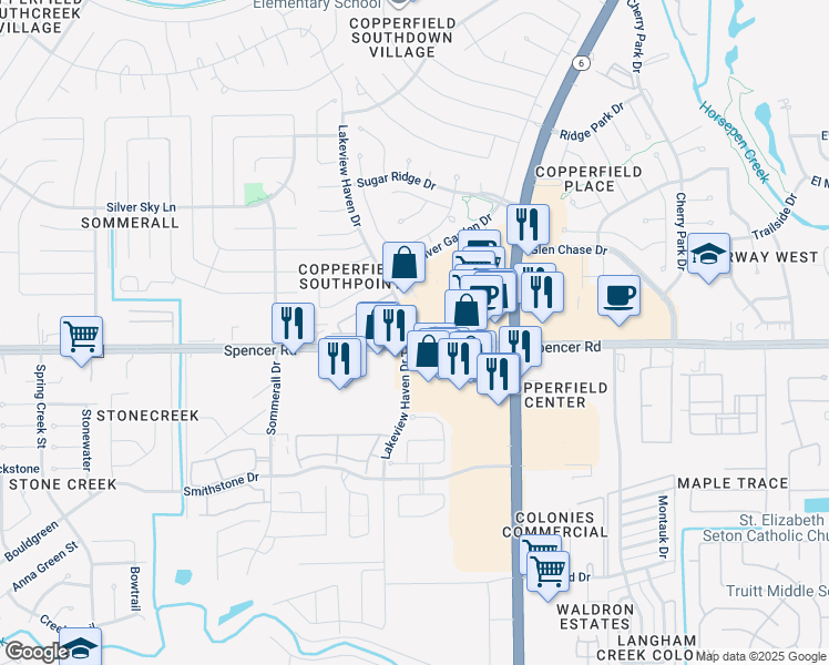 map of restaurants, bars, coffee shops, grocery stores, and more near 15840 Farm to Market Road 529 in Houston