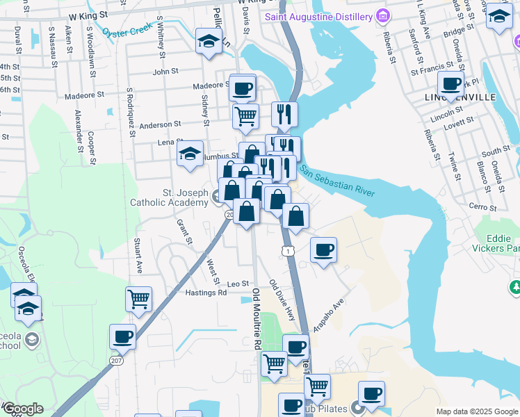 map of restaurants, bars, coffee shops, grocery stores, and more near 1000 South Ponce De Leon Boulevard in St. Augustine