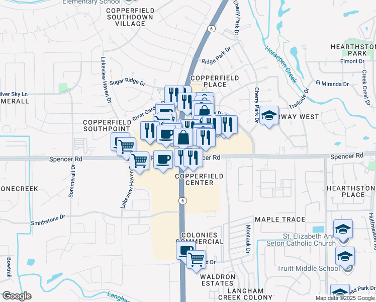map of restaurants, bars, coffee shops, grocery stores, and more near 7006 Highway 6 in Houston