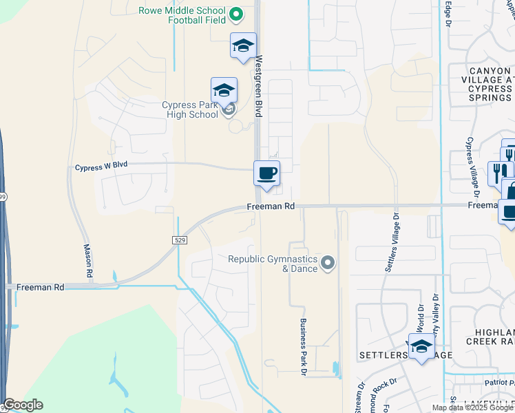 map of restaurants, bars, coffee shops, grocery stores, and more near 21462 Freeman Road in Katy
