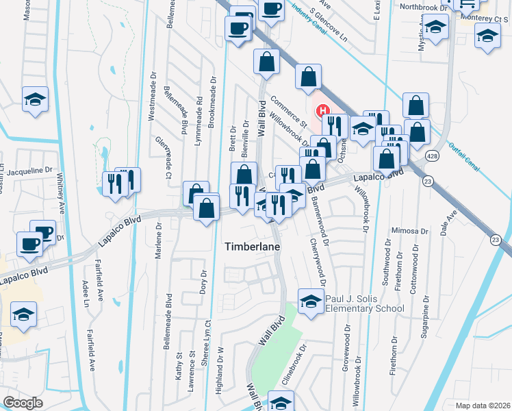 map of restaurants, bars, coffee shops, grocery stores, and more near in Timberlane