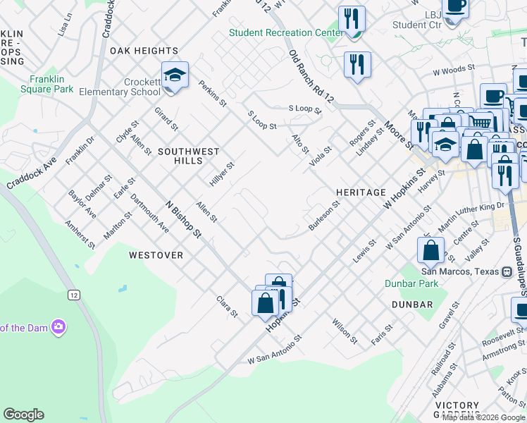 map of restaurants, bars, coffee shops, grocery stores, and more near 606 Bracewood Circle in San Marcos