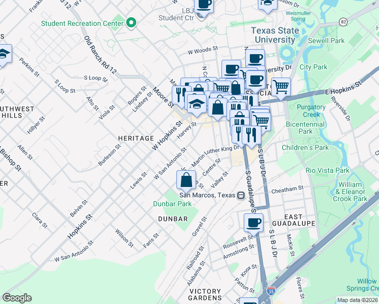 map of restaurants, bars, coffee shops, grocery stores, and more near 521 West San Antonio Street in San Marcos