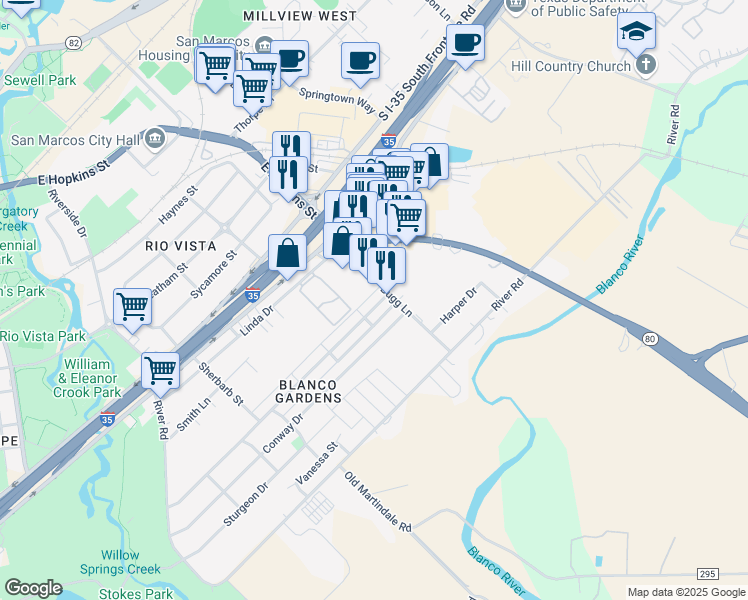 map of restaurants, bars, coffee shops, grocery stores, and more near 114 Bugg Lane in San Marcos