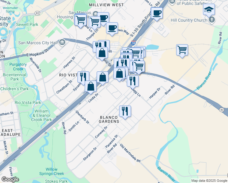 map of restaurants, bars, coffee shops, grocery stores, and more near 520 Linda Drive in San Marcos