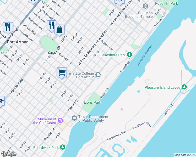 map of restaurants, bars, coffee shops, grocery stores, and more near 1500 Procter Street in Port Arthur
