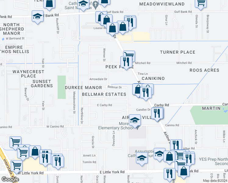 map of restaurants, bars, coffee shops, grocery stores, and more near 423 Deepgrove Drive in Houston
