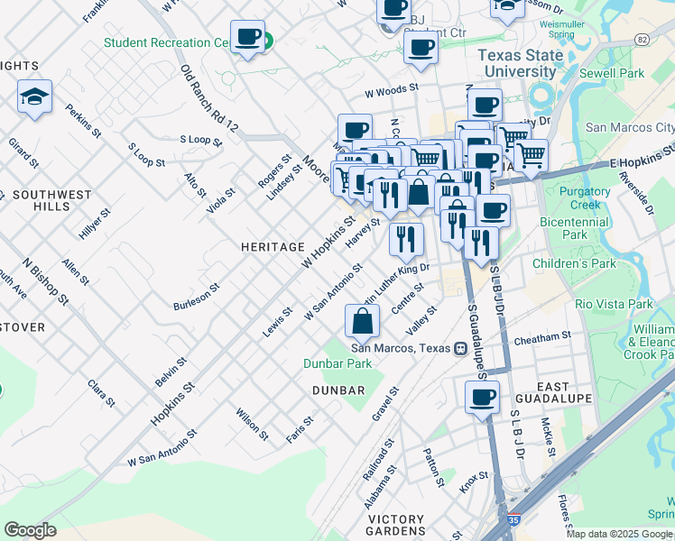 map of restaurants, bars, coffee shops, grocery stores, and more near 119 Blanco Street in San Marcos