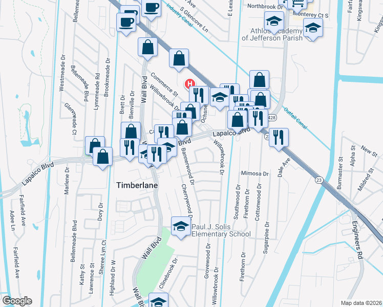 map of restaurants, bars, coffee shops, grocery stores, and more near 228 Briarwood Drive in Gretna