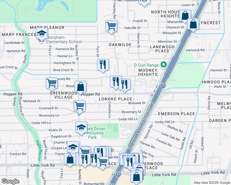 map of restaurants, bars, coffee shops, grocery stores, and more near 11298 Cohutta Lane in Houston