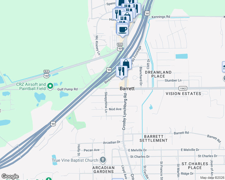 map of restaurants, bars, coffee shops, grocery stores, and more near 125 Gulf Pump Road in Crosby