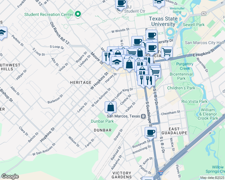 map of restaurants, bars, coffee shops, grocery stores, and more near 521 W San Antonio St in San Marcos