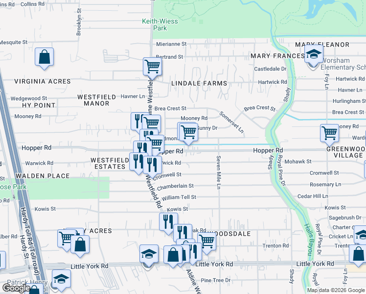 map of restaurants, bars, coffee shops, grocery stores, and more near 2169 Hopper Road in Houston