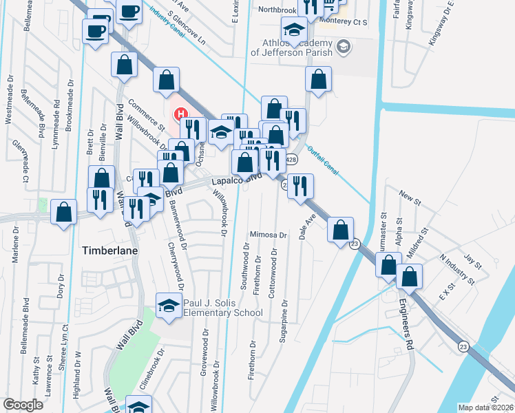 map of restaurants, bars, coffee shops, grocery stores, and more near 121 Firethorn Drive in Gretna