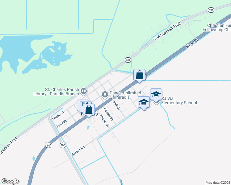 map of restaurants, bars, coffee shops, grocery stores, and more near 15126 U.S. 90 in Paradis
