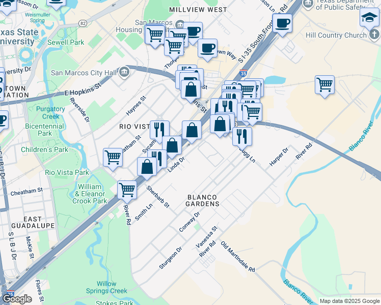 map of restaurants, bars, coffee shops, grocery stores, and more near 518 Linda Drive in San Marcos