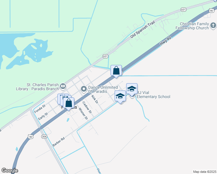 map of restaurants, bars, coffee shops, grocery stores, and more near 14985 US 90 in Paradis