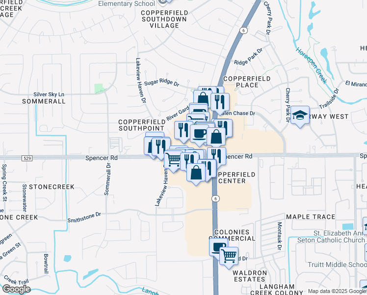 map of restaurants, bars, coffee shops, grocery stores, and more near 15750 Fm 529 Rd in Houston